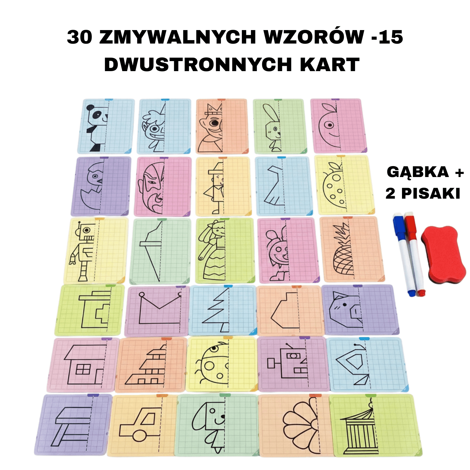 Zestaw 30 wzorów zmywalnych  do nauki rysowania + pisaki i gąbeczka